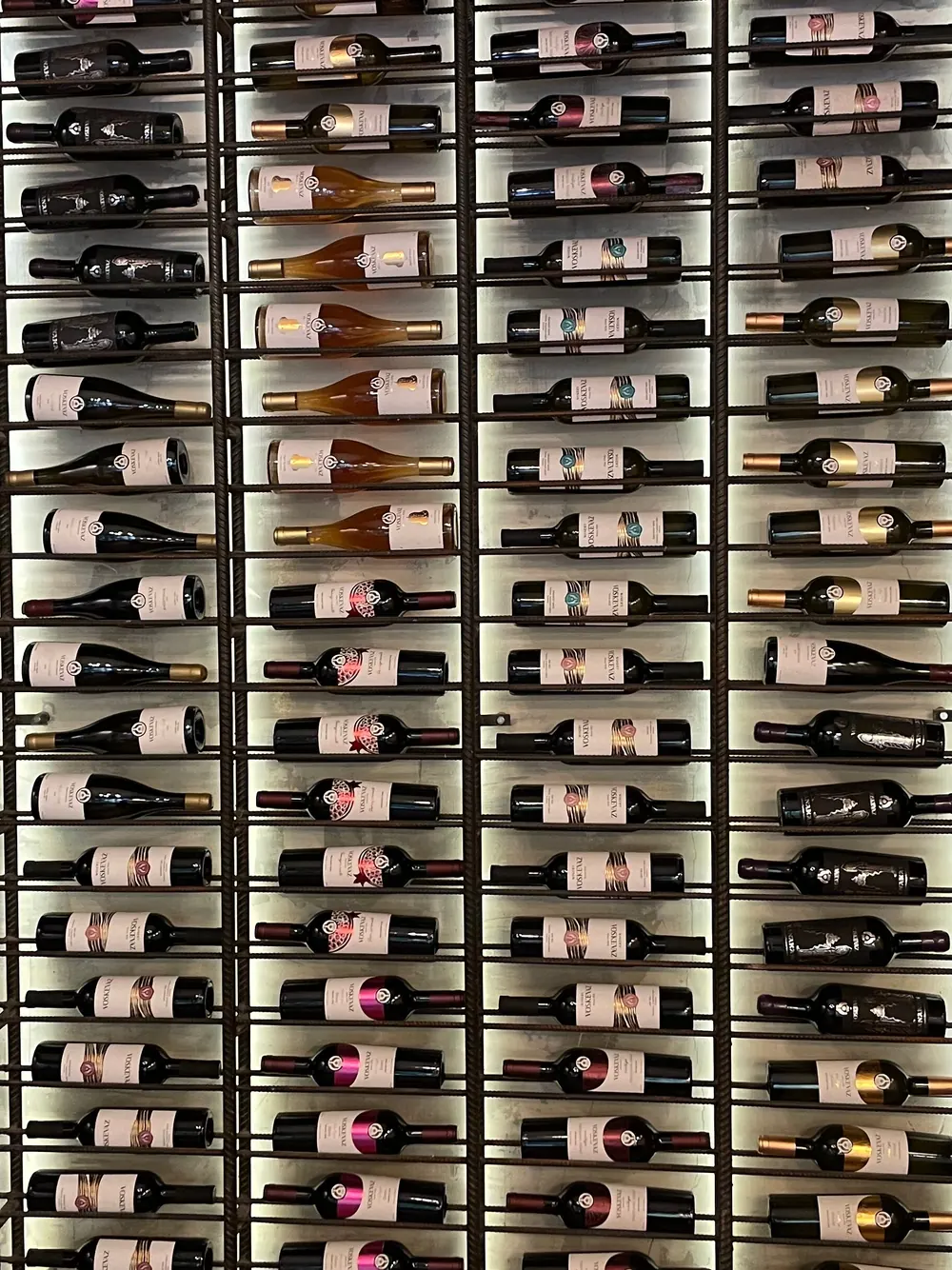 Bottles resting on black steel racks along the wine wall